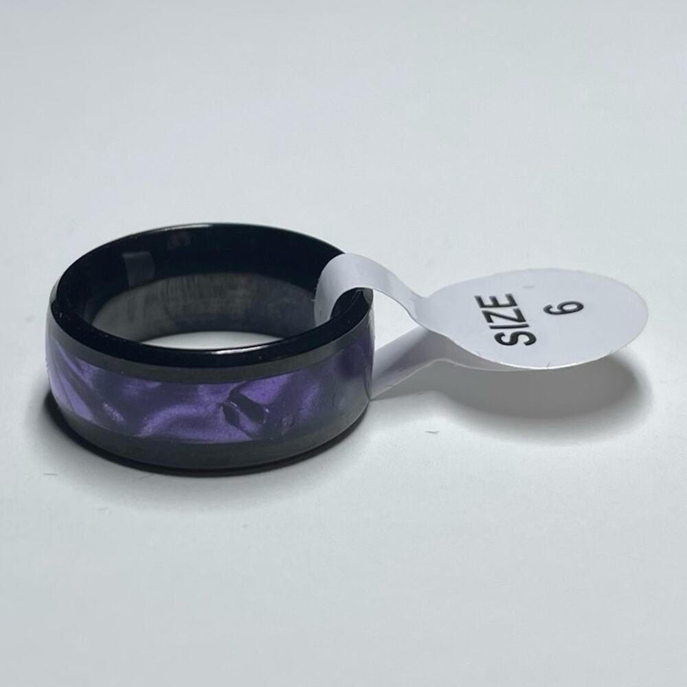 8mm Black Tungsten With Synthetic Purple Tiger Cowrie Inlay Band Ring Size 6